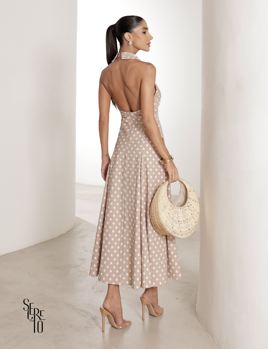 Vestido Midi Gola e Costas Aberta Laura Bege