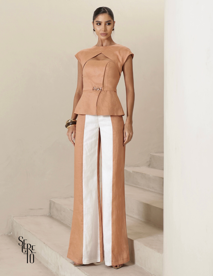 Conjunto Blusa e Calça Bicolor Lilla Camel