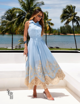 Vestido Midi Tricoline Bordado com Gola Marlene Azul Claro