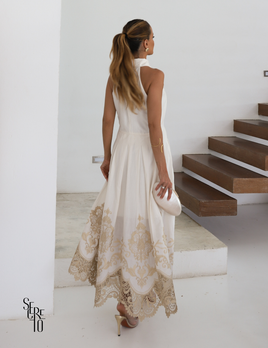 Vestido Midi Tricoline Bordado com Gola Marlene Off White