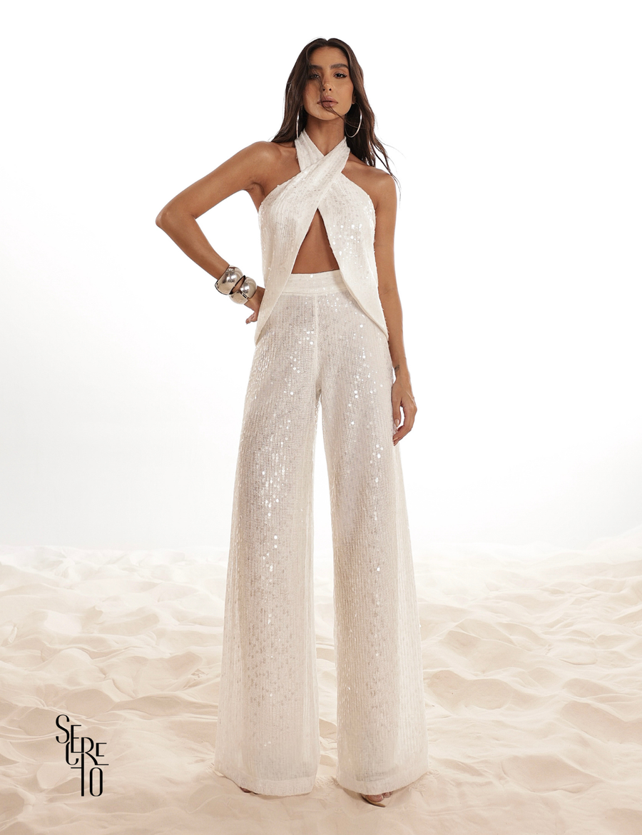 Conjunto Blusa e Calça Paetê Sabrina Branco