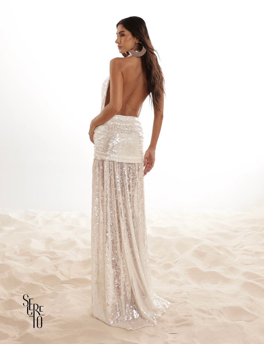 Vestido Longo Frente Única Paetê Mira Branco