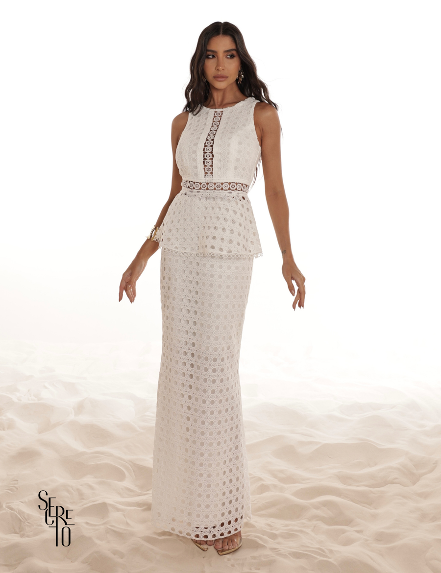 Conjunto Blusa e Saia Guipure Laura Branco