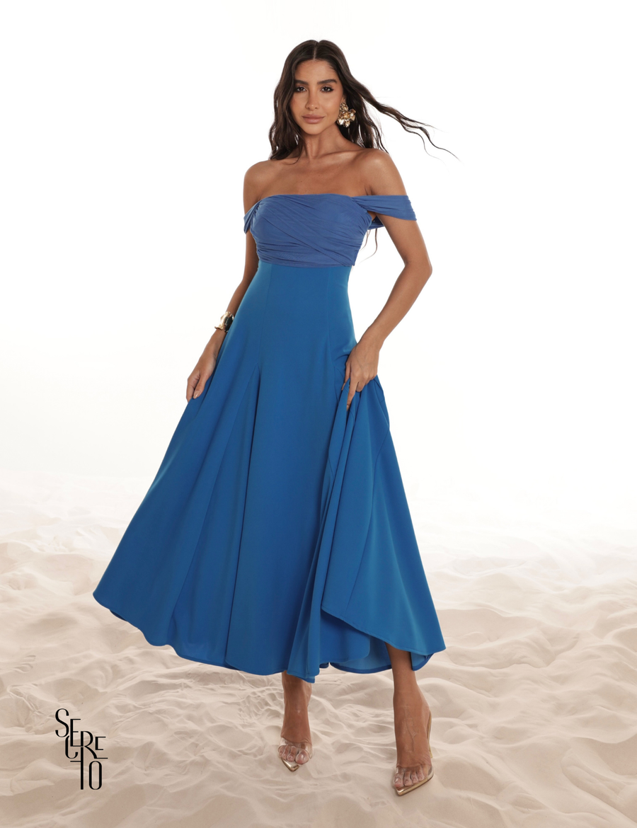 Vestido Midi Ombro a Ombro Luana Azul Ciano