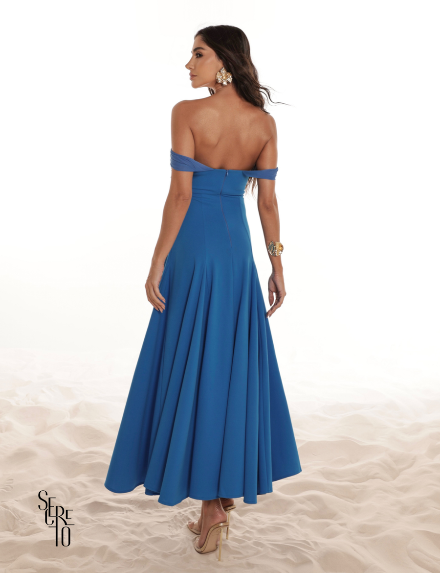 Vestido Midi Ombro a Ombro Luana Azul Ciano