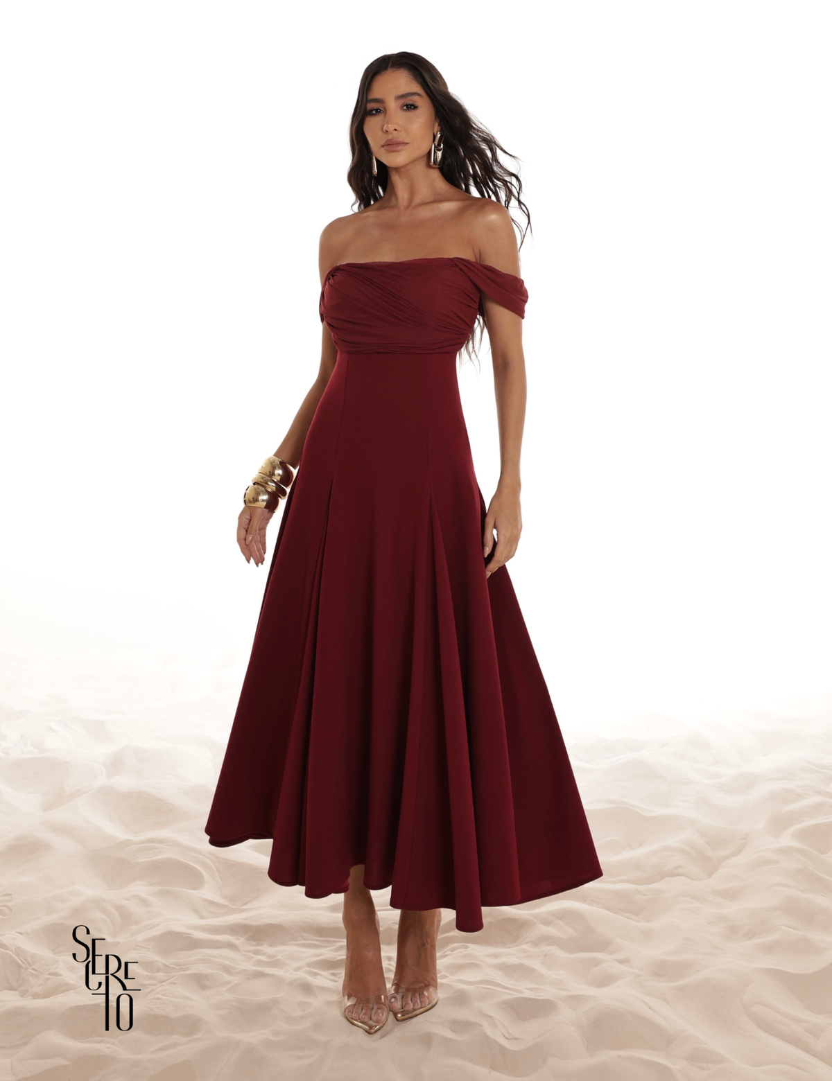 Vestido Midi Ombro a Ombro Luana Marsala