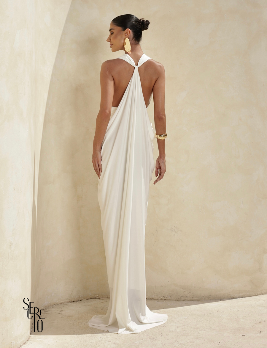 Vestido longo Drapeado com Costas Arco Angelica Branco