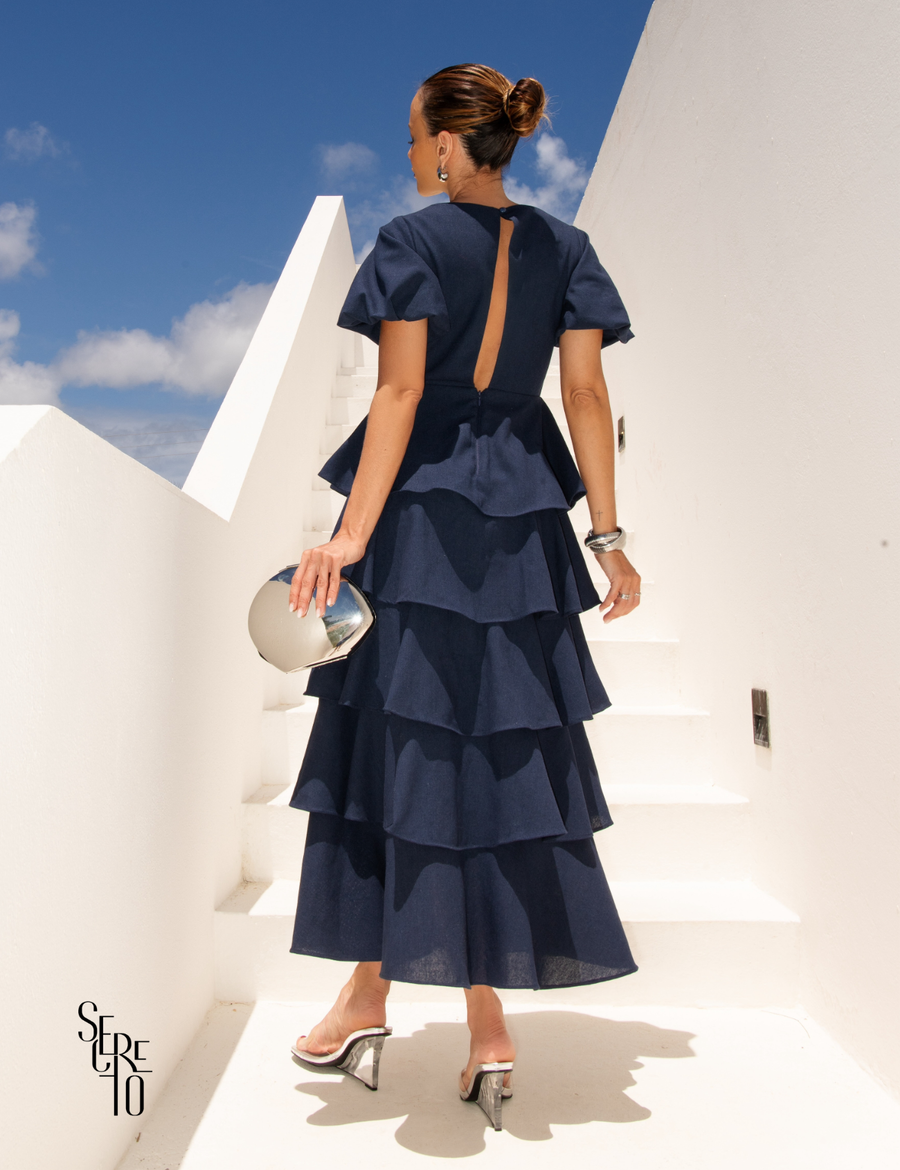 Vestido Longo Camadas Rosana Azul Marinho