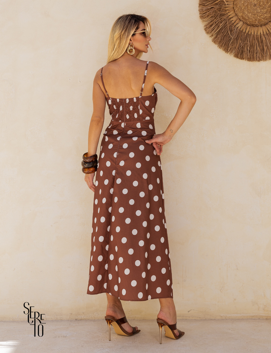 Vestido Midi Poá Carla Marrom