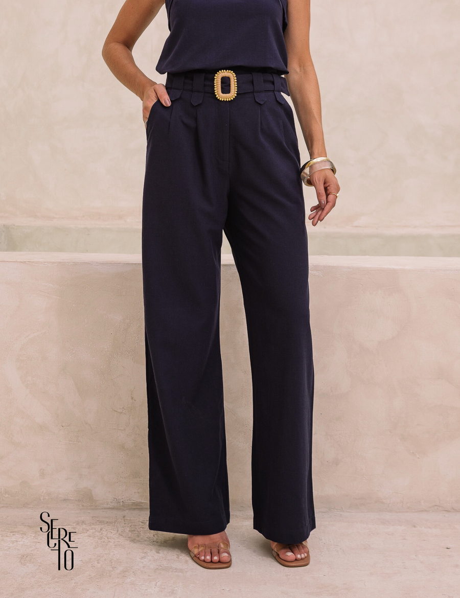 Calça Com Cinto Bianca Azul Marinho