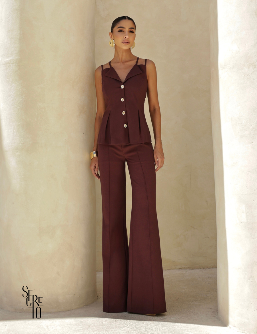 Conjunto Alfaiataria Alça Dupla Paolla Café