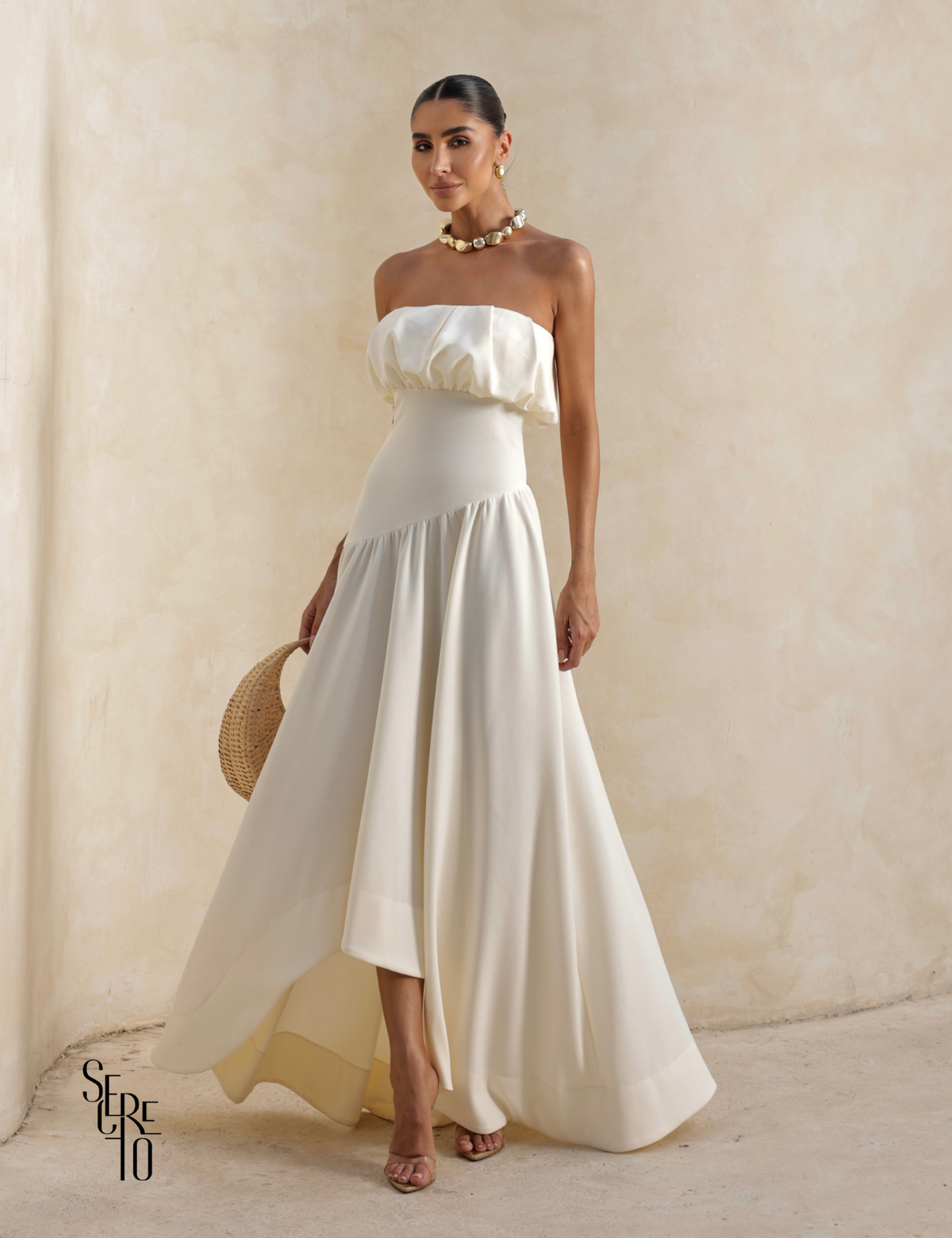 Vestido Longo Busto Pregas Mari Off White