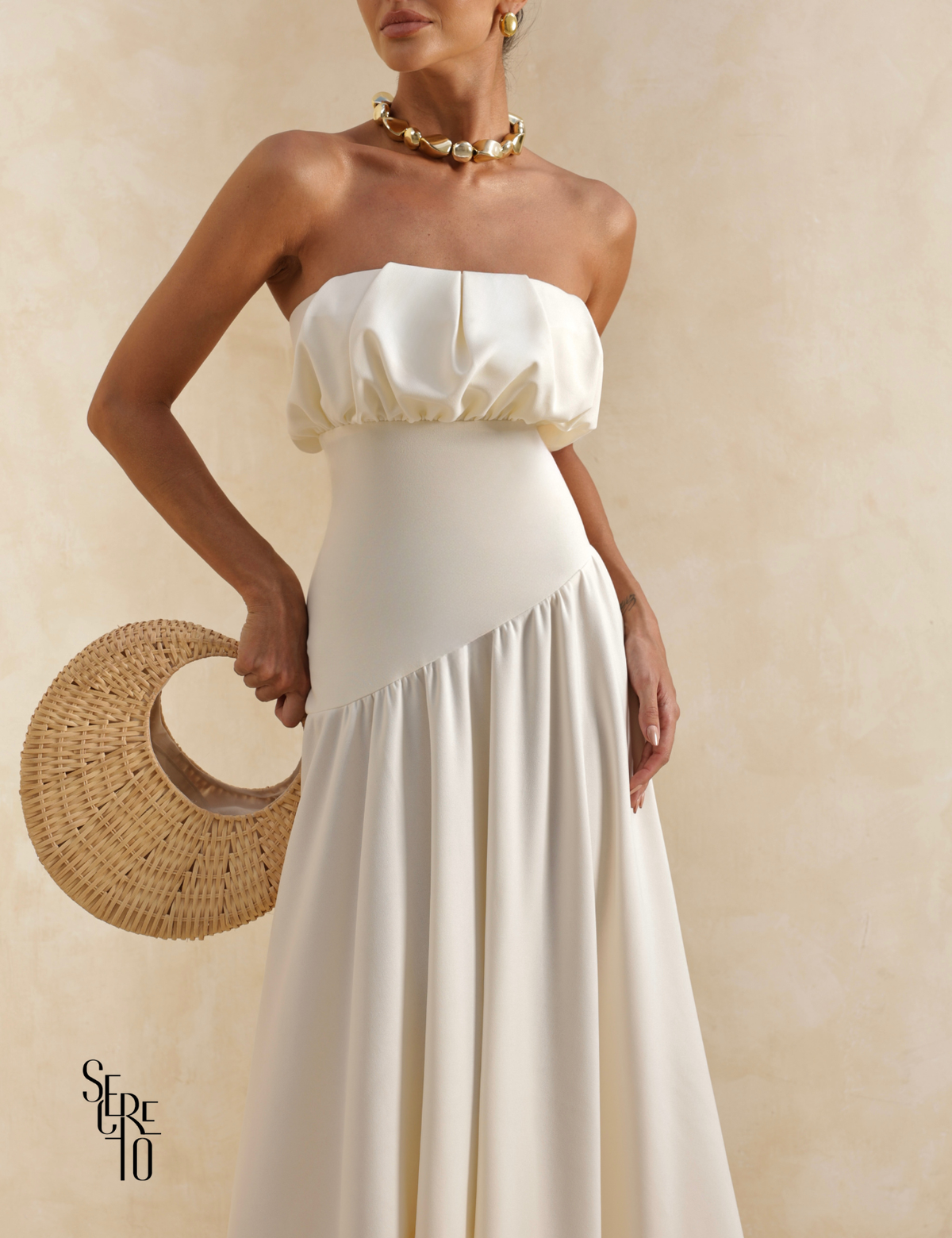 Vestido Longo Busto Pregas Mari Off White