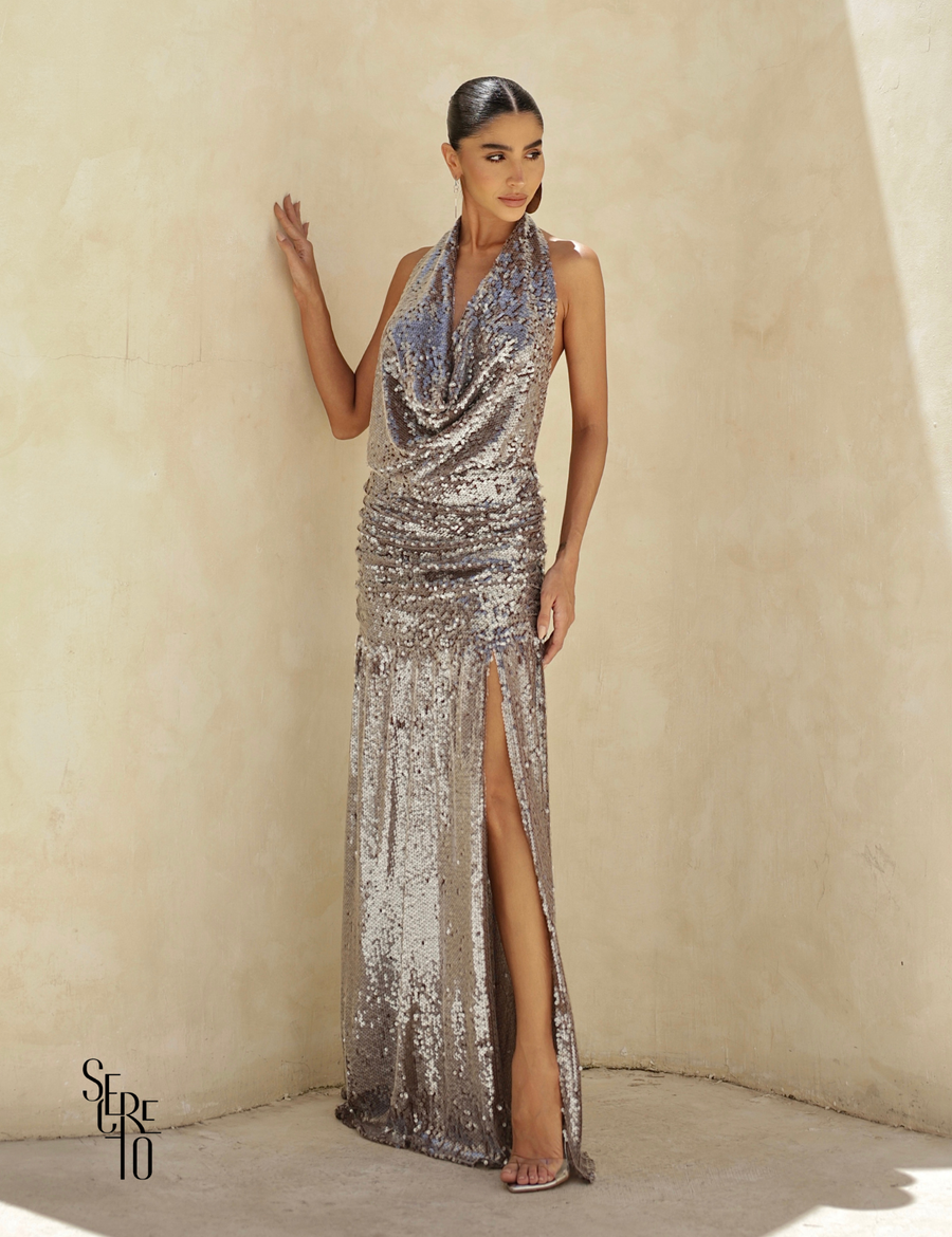 Vestido Longo Frente Única Paetê Mira Grafite