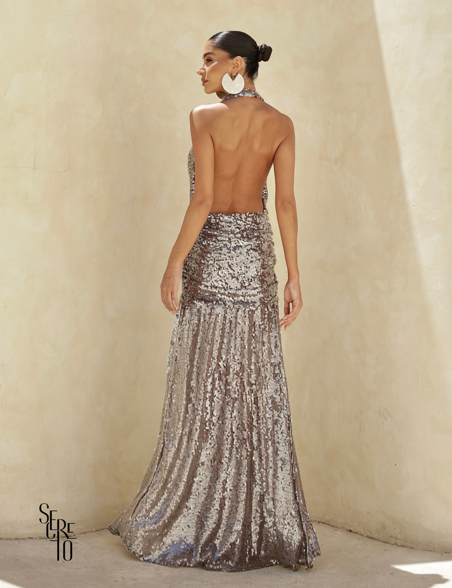 Vestido Longo Frente Única Paetê Mira Grafite