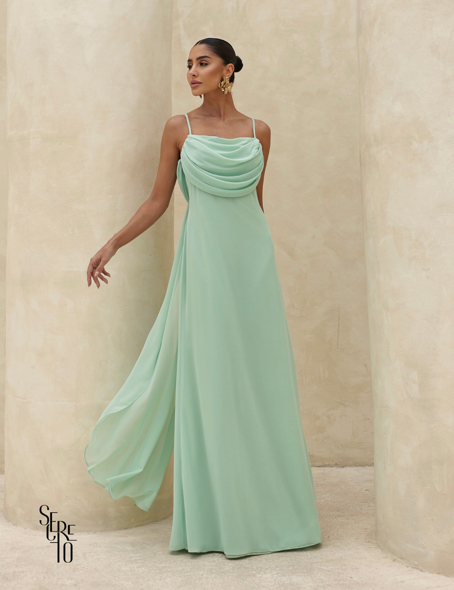 Vestido Longo Drapeado Busto e Costas Camila Verde Menta