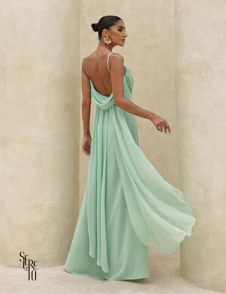 Vestido Longo Drapeado Busto e Costas Camila Verde Menta