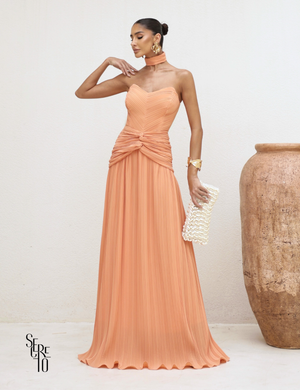Vestido Longo Plissado Glaucia Tangerina