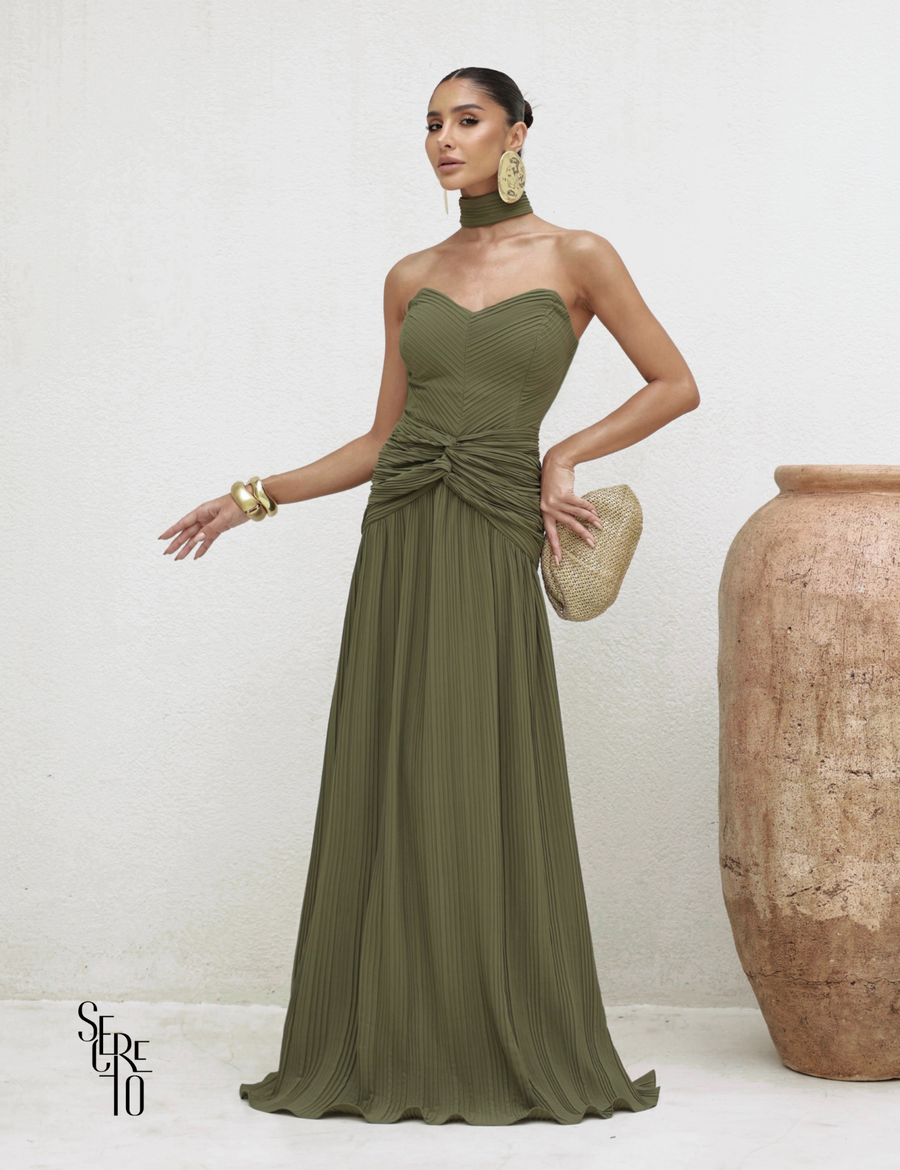 Vestido Longo Plissado Glaucia Verde Militar