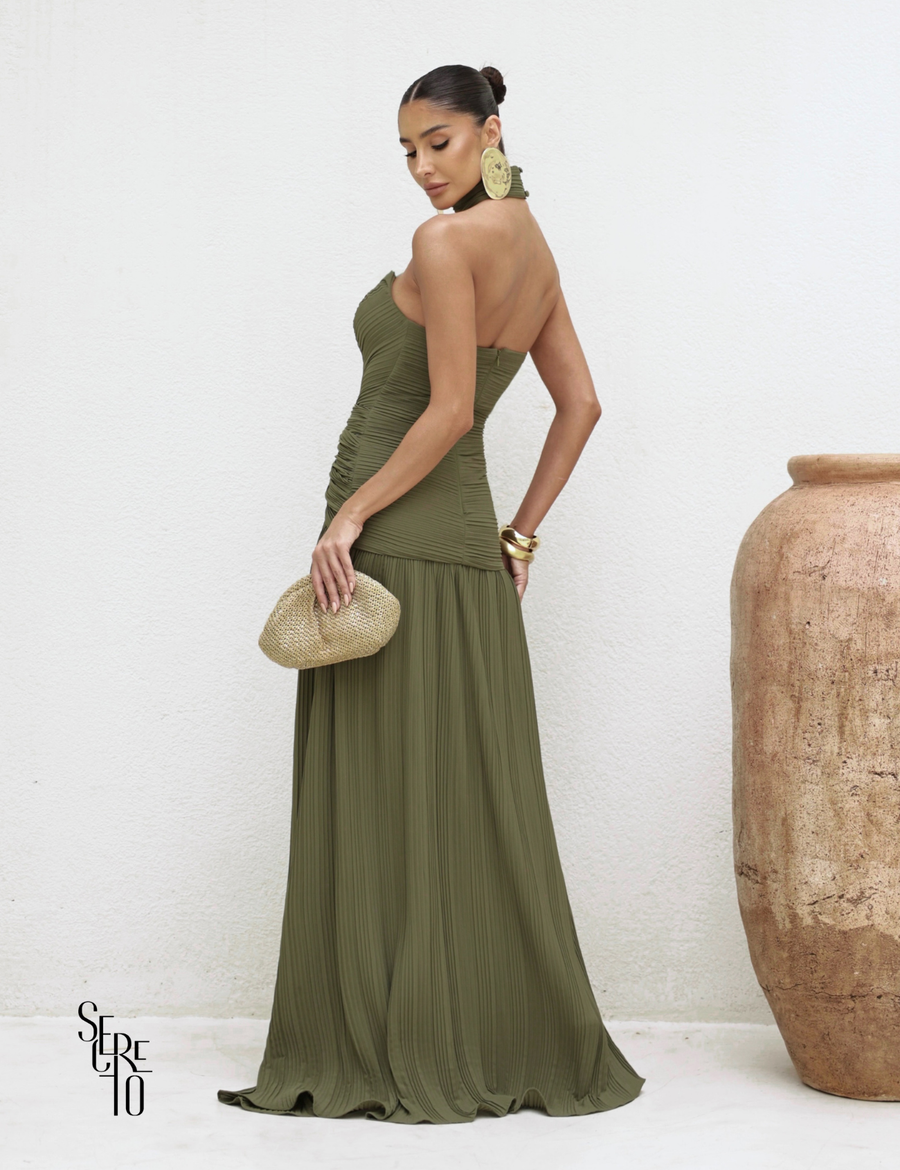 Vestido Longo Plissado Glaucia Verde Militar