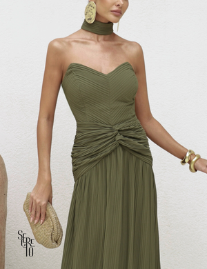 Vestido Longo Plissado Glaucia Verde Militar