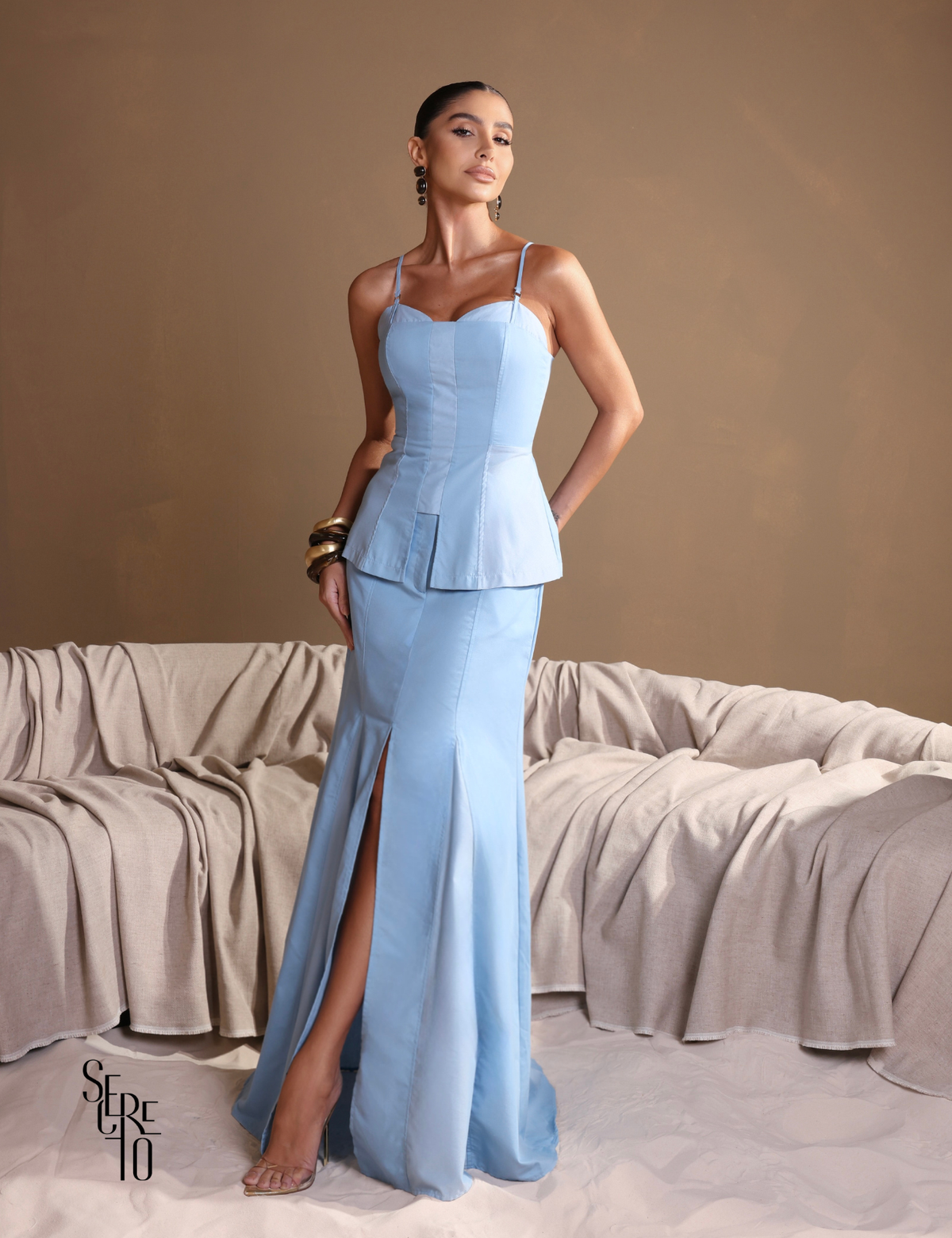 Conjunto Regata e Saia Bicolor Adriana Azul Claro
