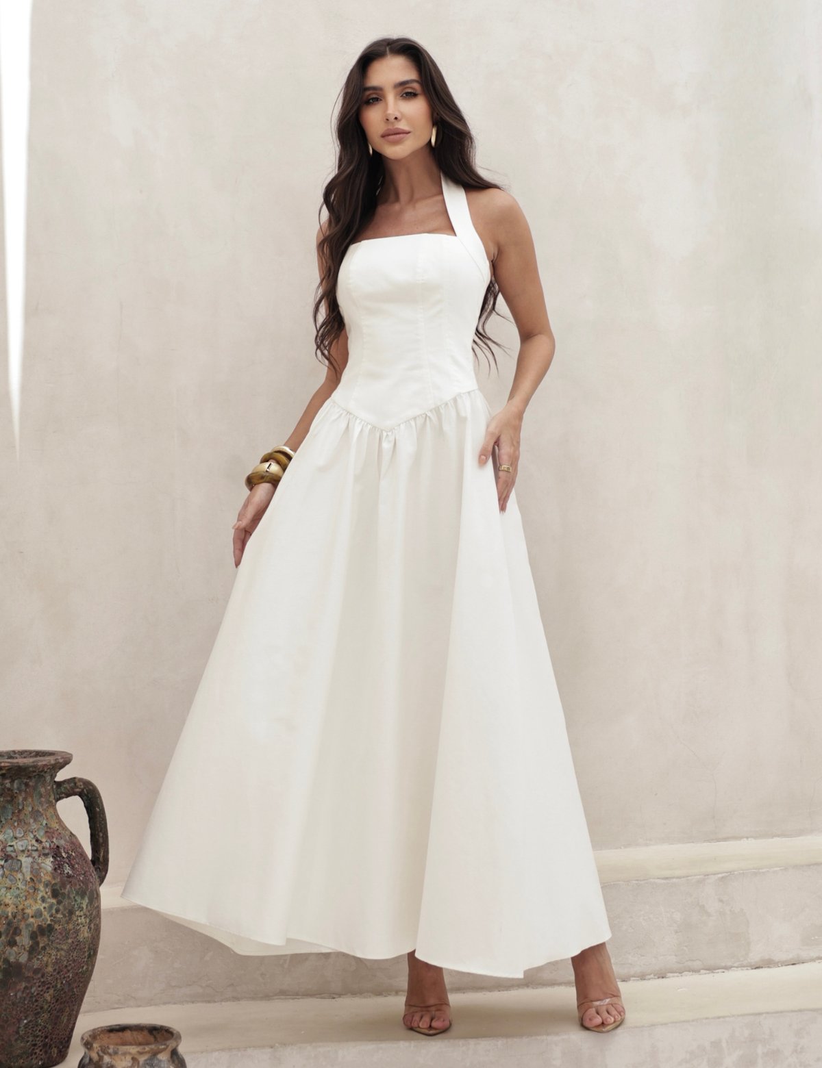 Vestido Longo Frente Única Celina Off White