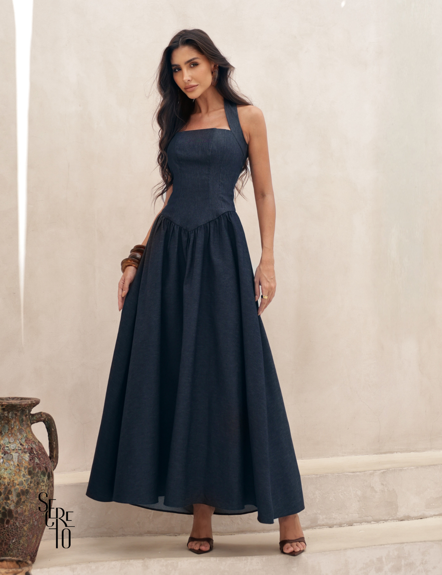 Vestido Longo Frente Única Celina Azul Jeans