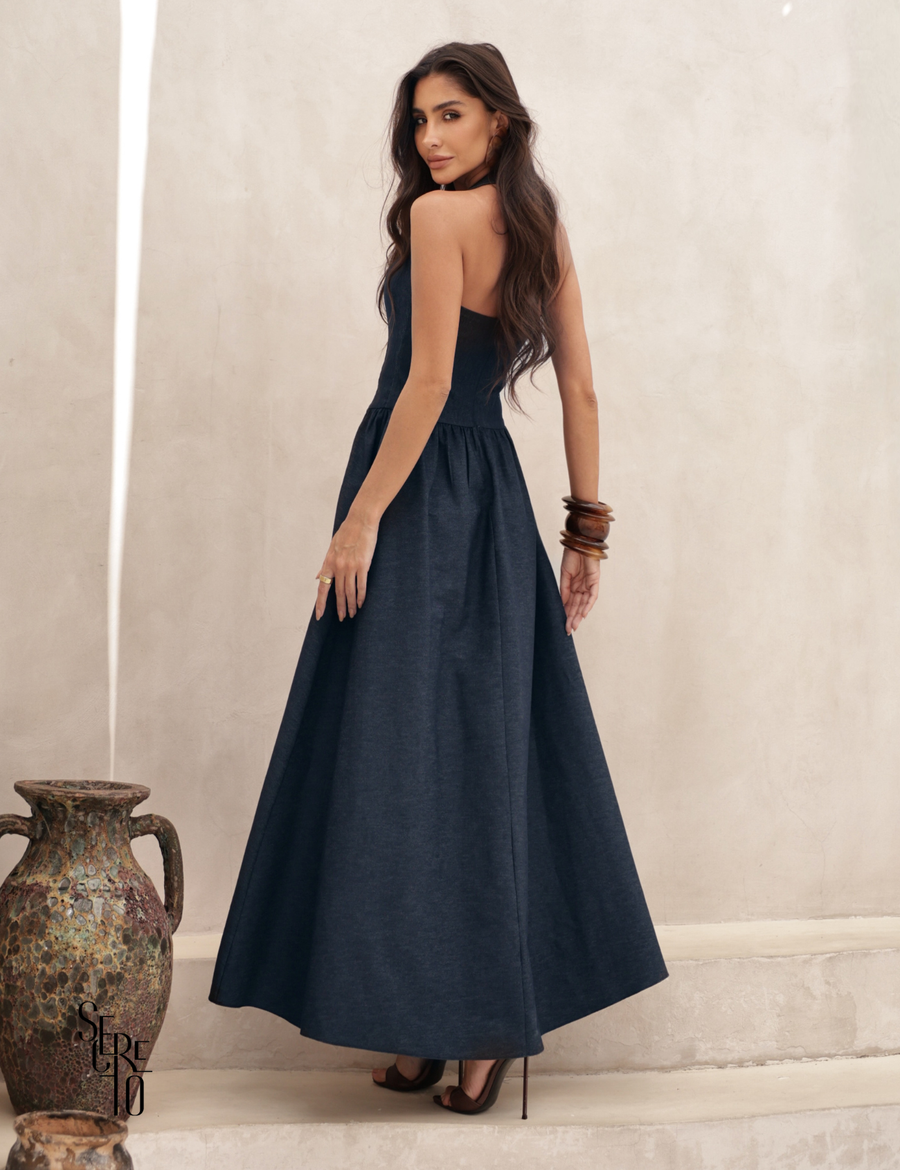 Vestido Longo Frente Única Celina Azul Jeans