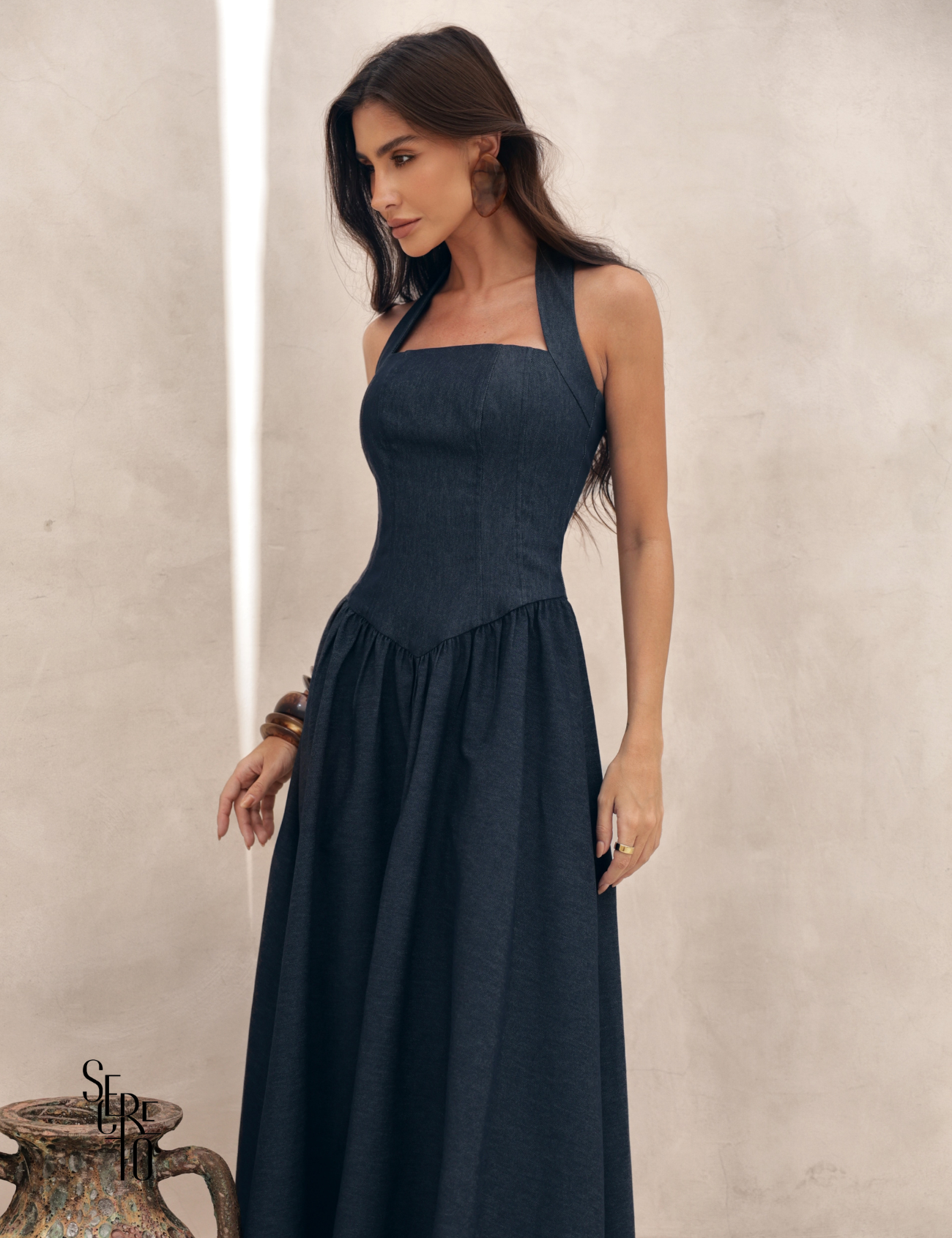 Vestido Longo Frente Única Celina Azul Jeans