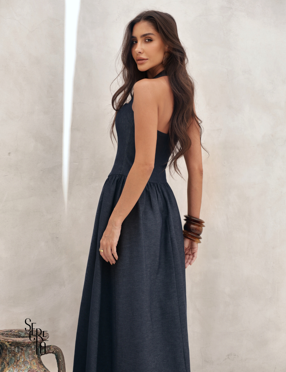 Vestido Longo Frente Única Celina Azul Jeans