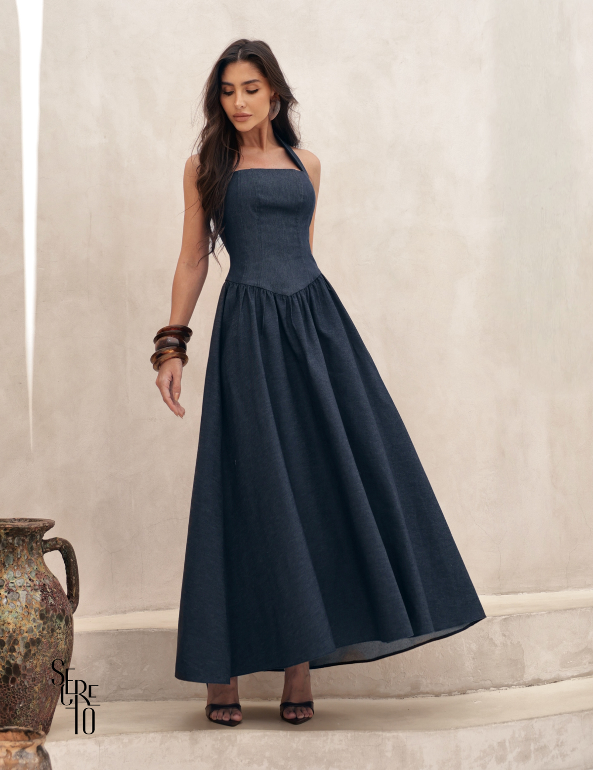 Vestido Longo Frente Única Celina Azul Jeans