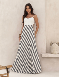 Vestido Longo Saia Listrada Thalita Azul Noite