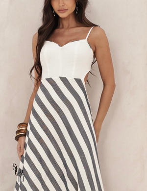 Vestido Longo Saia Listrada Thalita Azul Noite