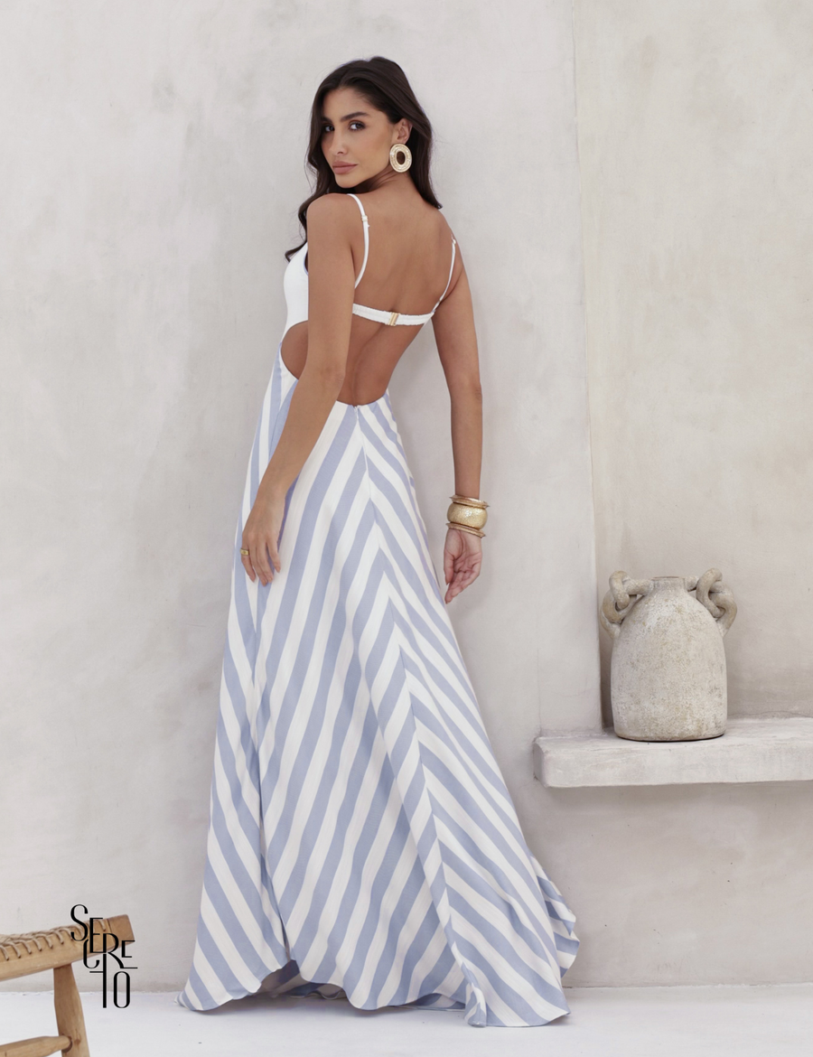 Vestido Longo Saia Listrada Thalita Azul Claro