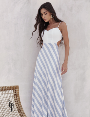 Vestido Longo Saia Listrada Thalita Azul Claro