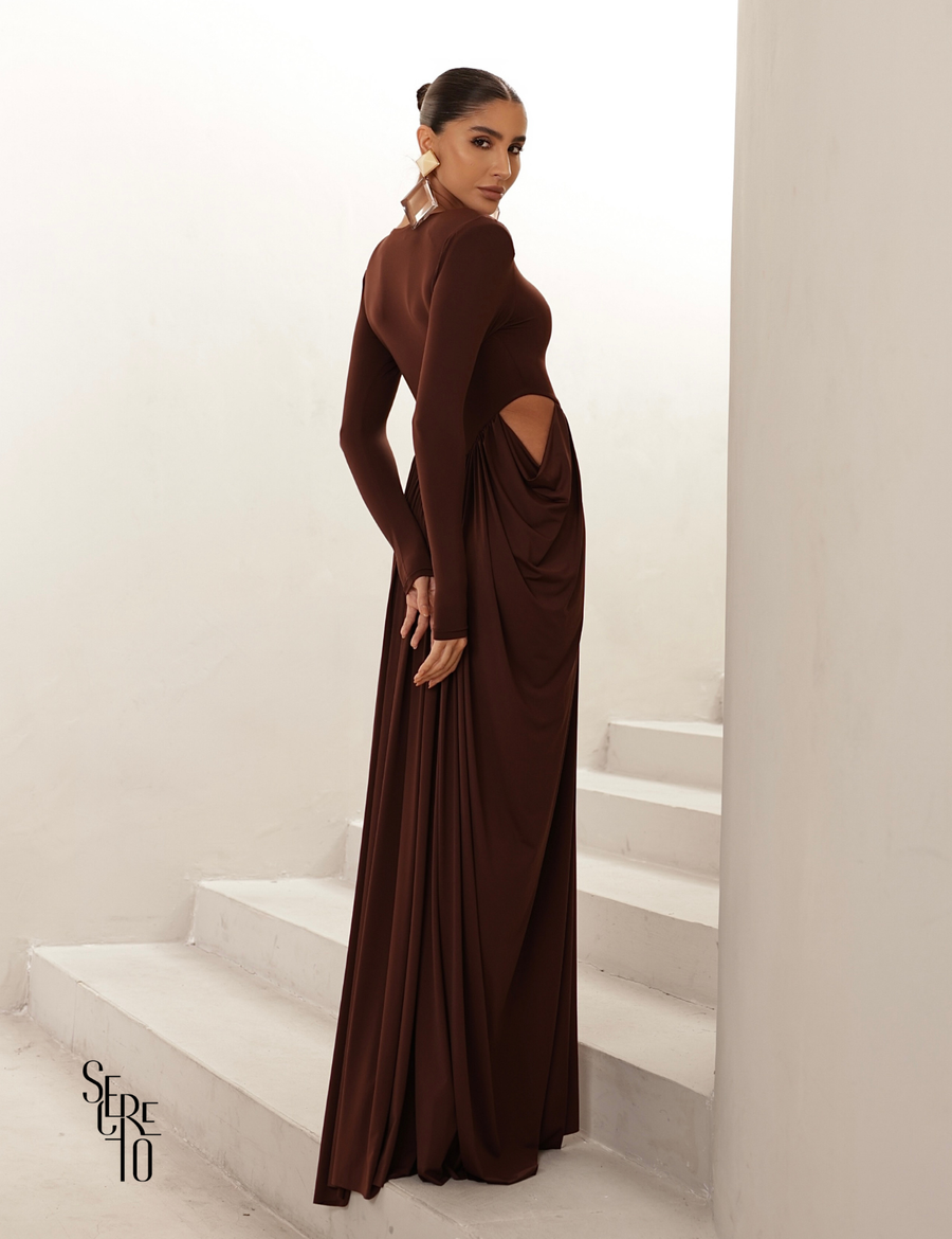 Vestido Longo Manga Longa Jessica Marrom