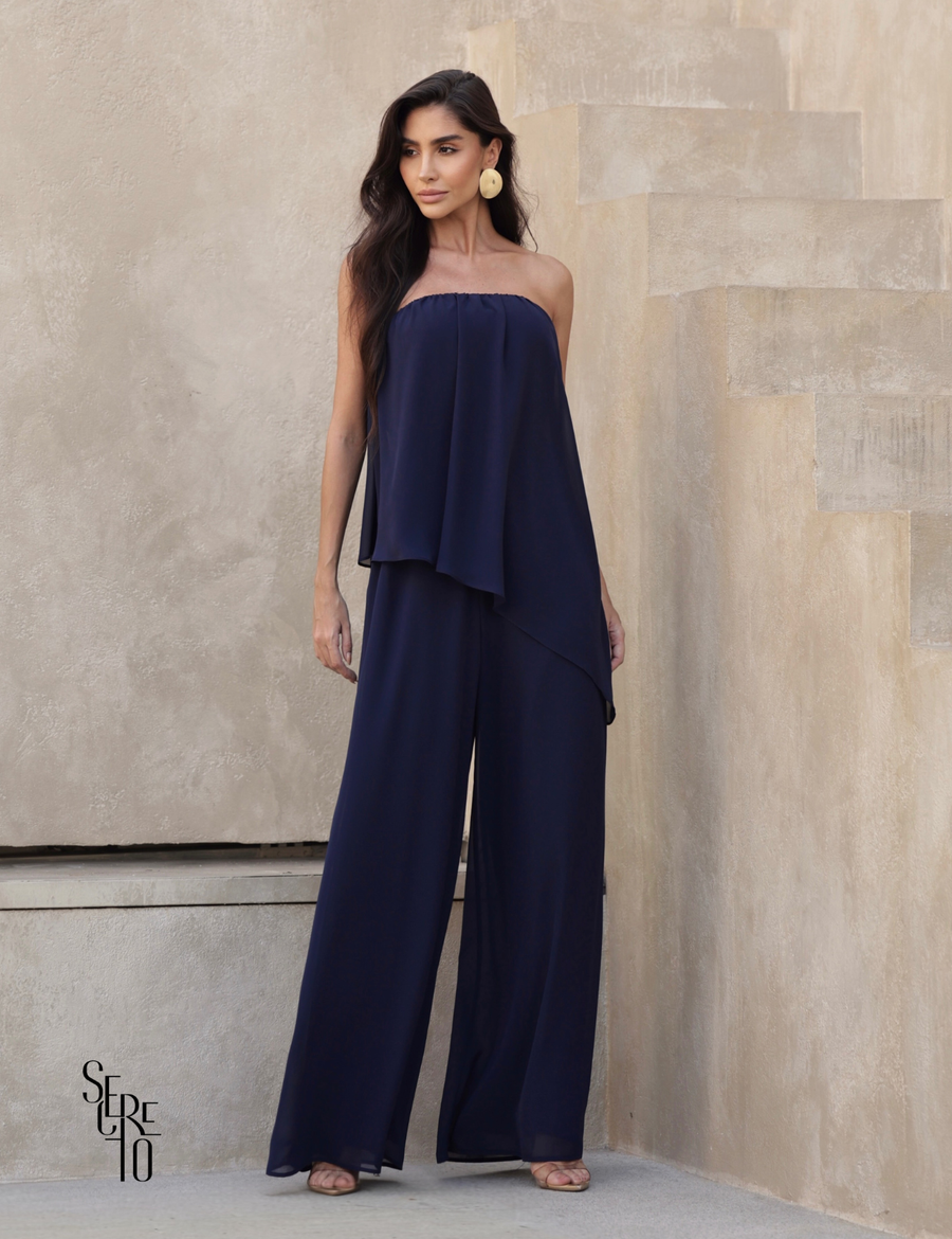 Macacão Capa Assimétrica Andressa Azul Marinho