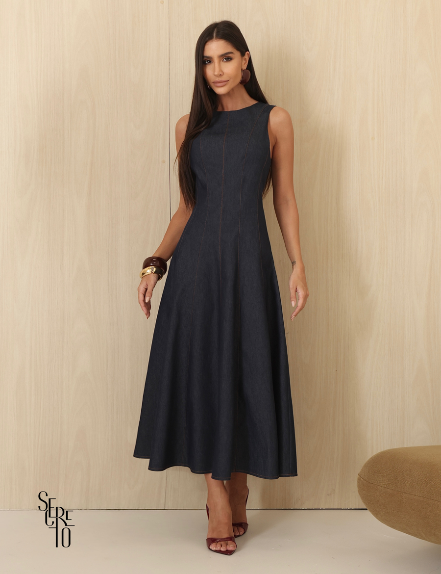 Vestido Midi Evase Taina Azul Jeans