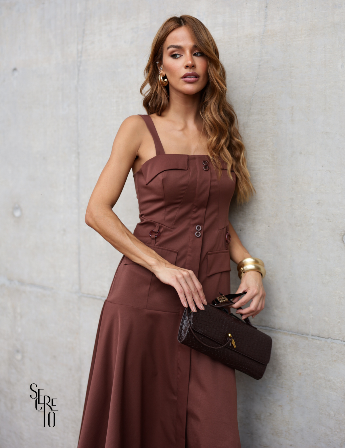 Vestido Midi Alfaiataria Thais Marrom