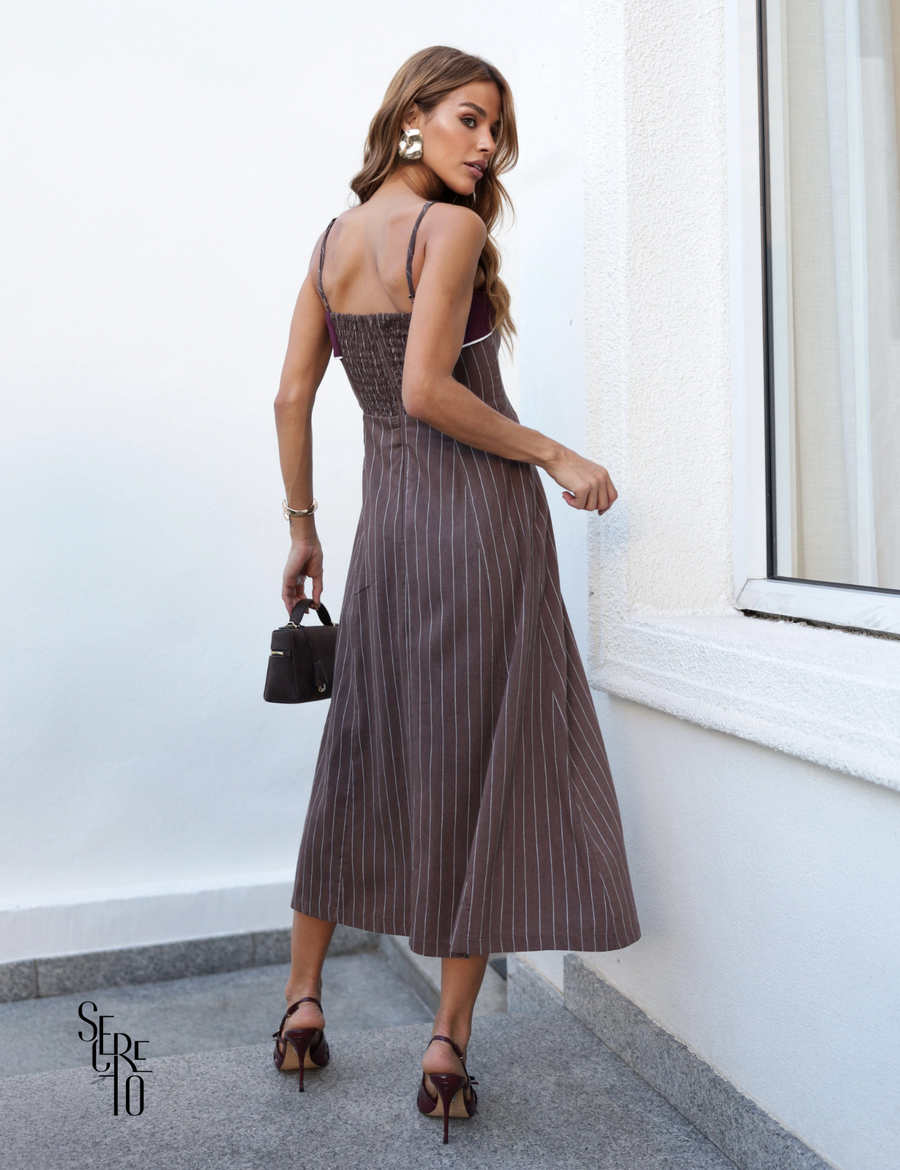 Vestido Midi Laise Listrado Pamella Marrom