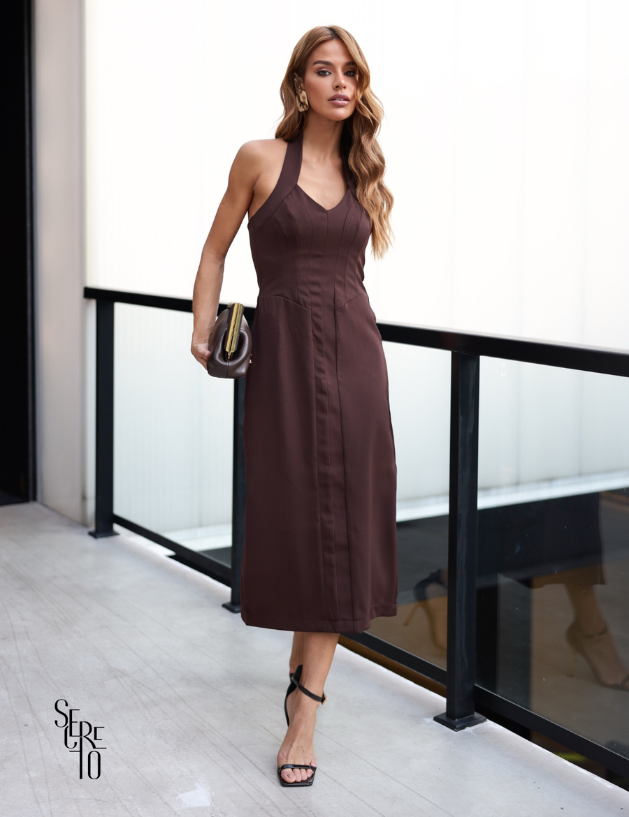 Vestido Midi Frente Única Thany Marrom