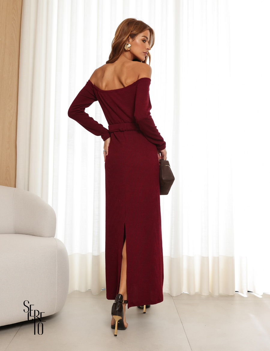 Vestido Longo Manga Malha Marcela Vinho