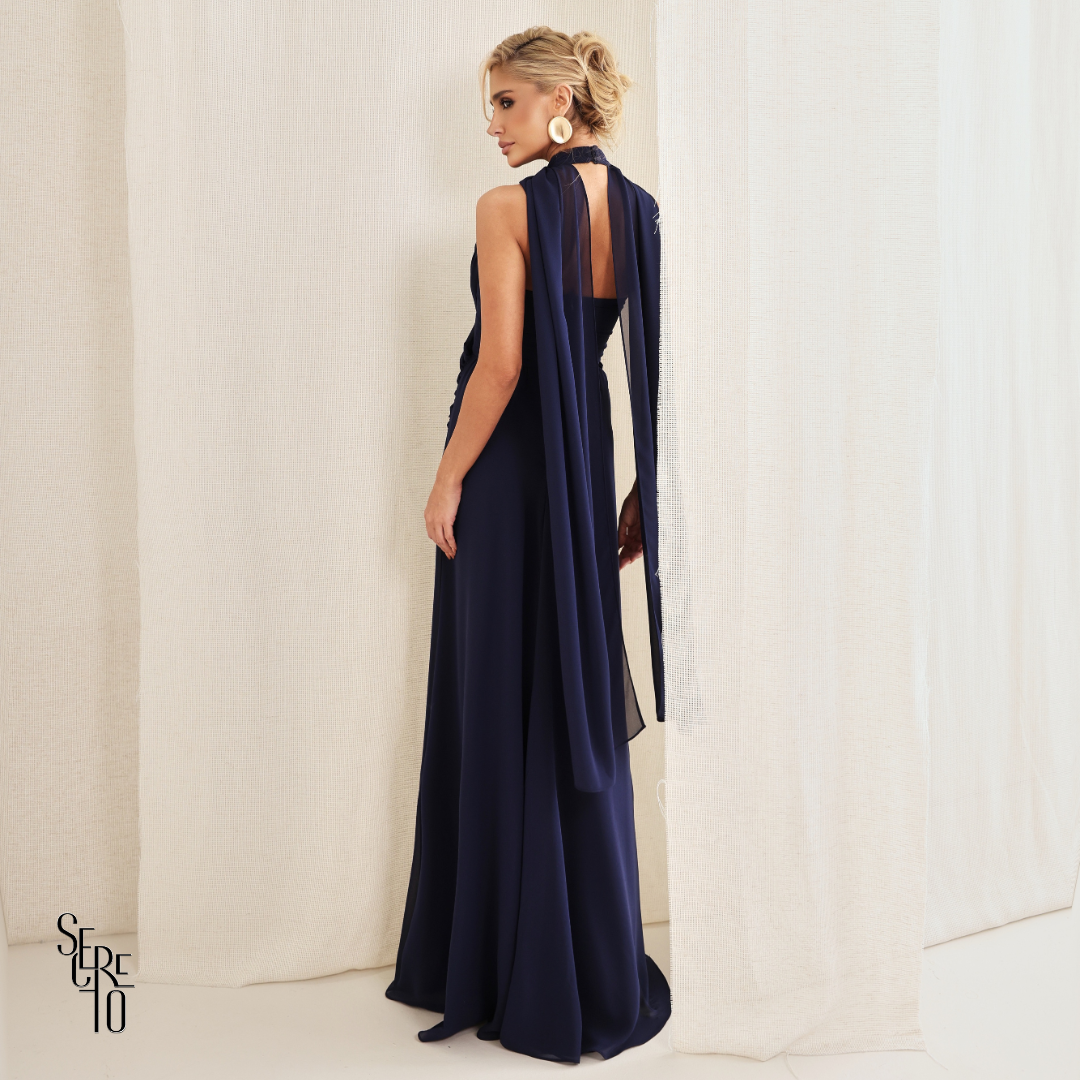 Vestido Longo Cruzado Capa Ottavia Azul Marinho