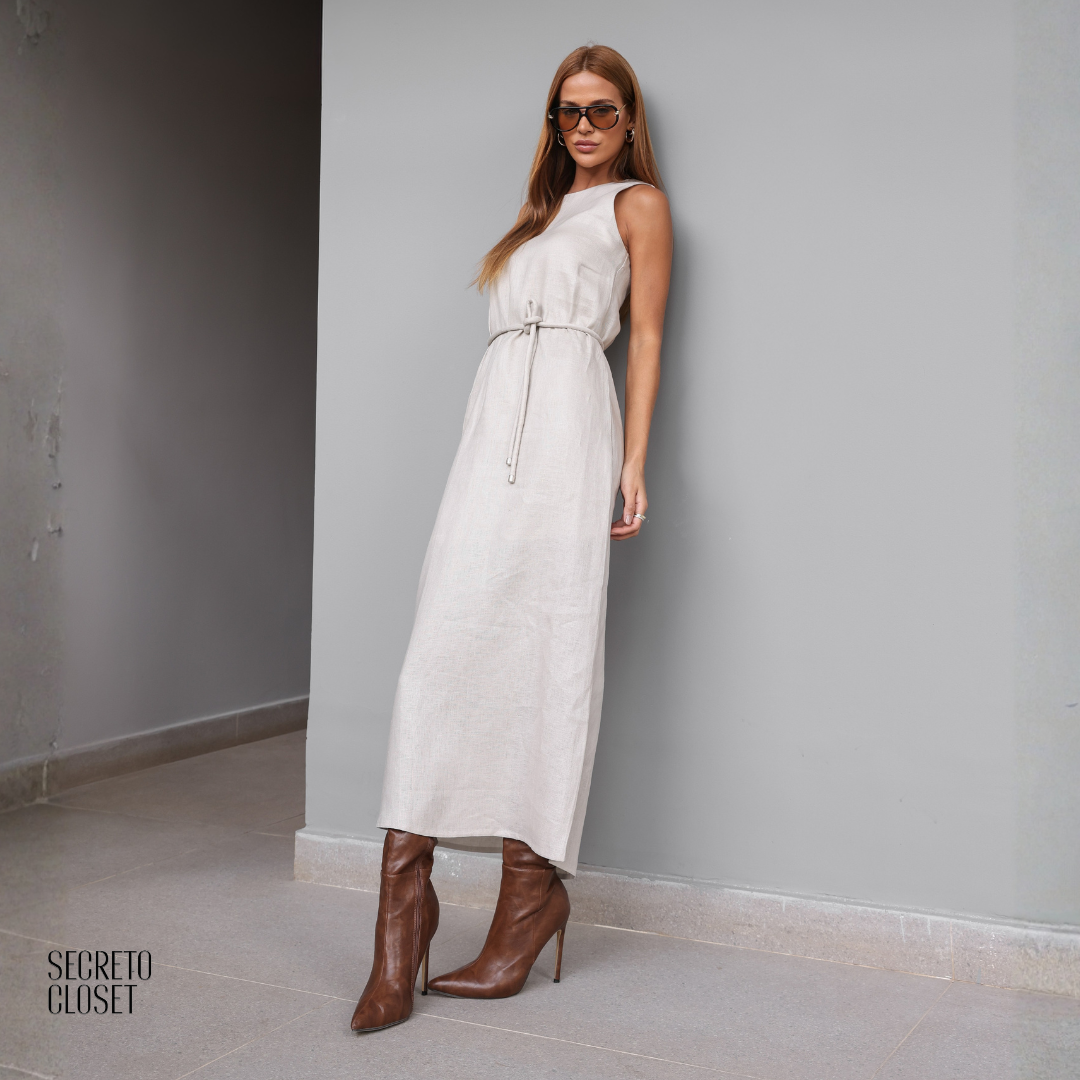 Vestido Midi Linho Cyntia Areia
