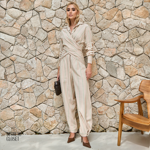 Conjunto Blusa e Calça Listrado Ivy Bege
