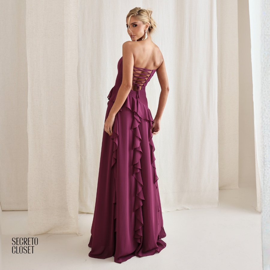 Vestido Longo Babados Eleonore Fucsia