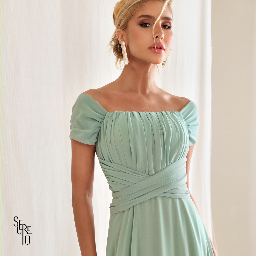 Vestido Longo Drapeado Com Faixa Zelia Verde Sage