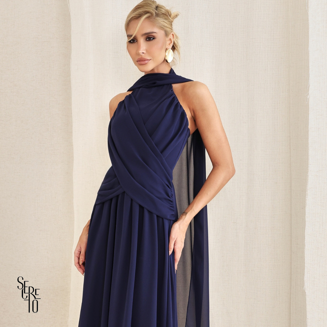 Vestido Longo Cruzado Capa Ottavia Azul Marinho
