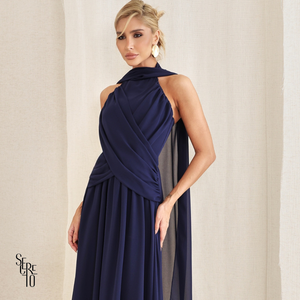 Vestido Longo Cruzado Capa Ottavia Azul Marinho